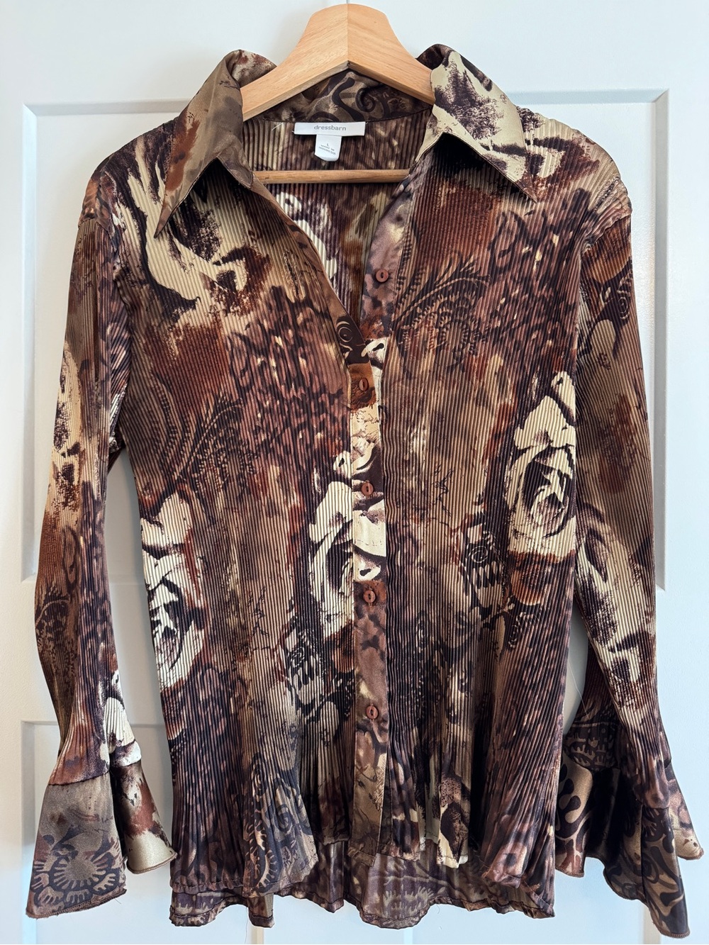 Vintage dressbarn Brown Cream Floral Pleated Button-Front Blouse